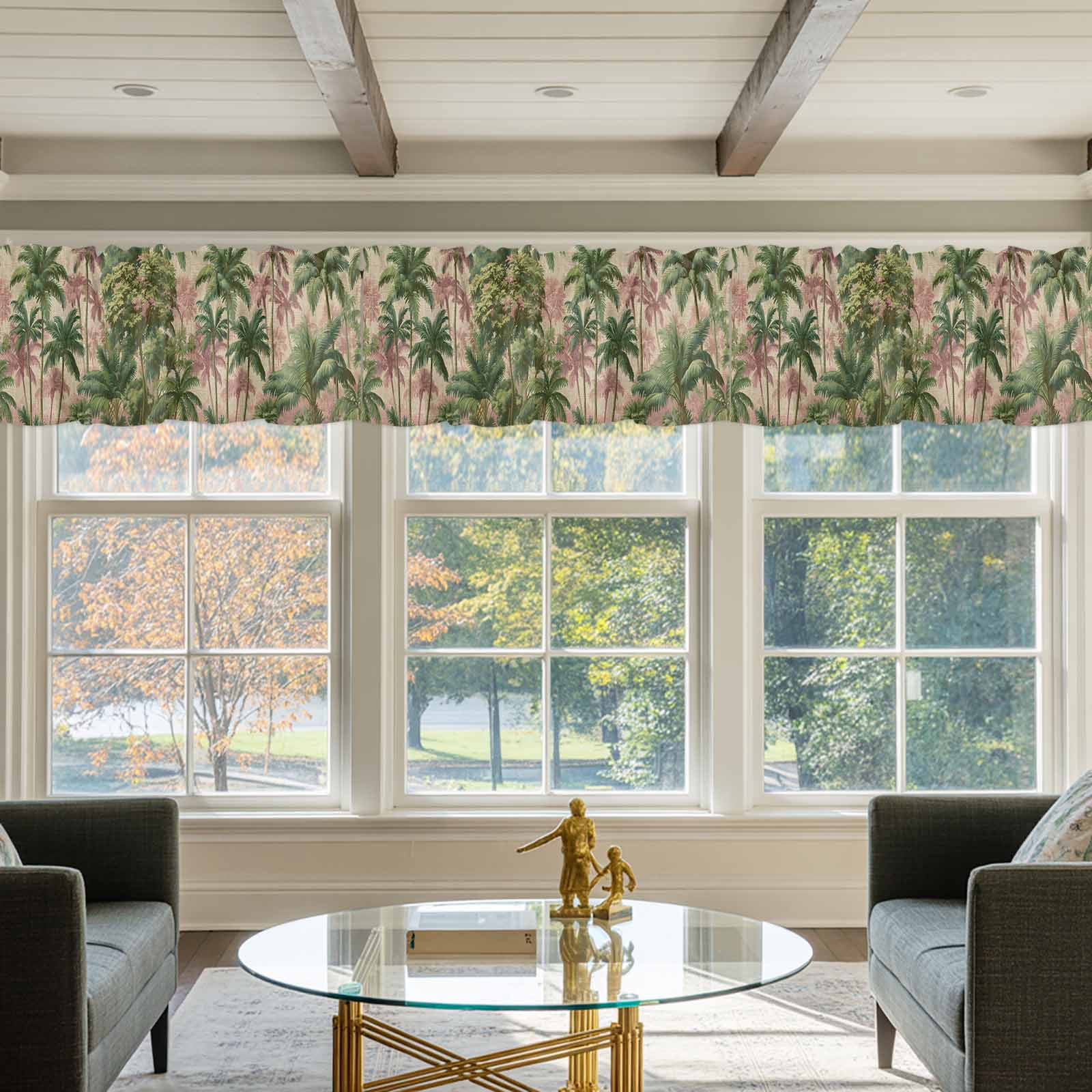 Summer Palm Tree Valances for Windows, 60x18in, Vintage Tropical Green Jungle Tree Leaf Linen Texture Rod Pocket Kitchen Valance Curtain Light Filtering Window Treatments for Living Room Bedroom