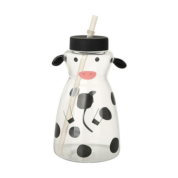 Vaso de vidrio creativo con pajita de 600 ml, vaso de vidrio con forma de vaca y pajita.