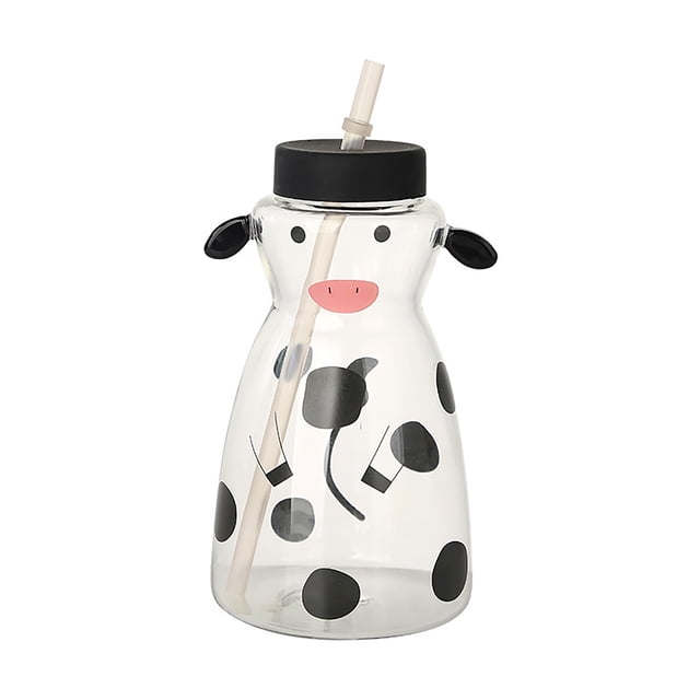 Tasse en Verre Créative 600ml en Forme de Vache avec Paille
