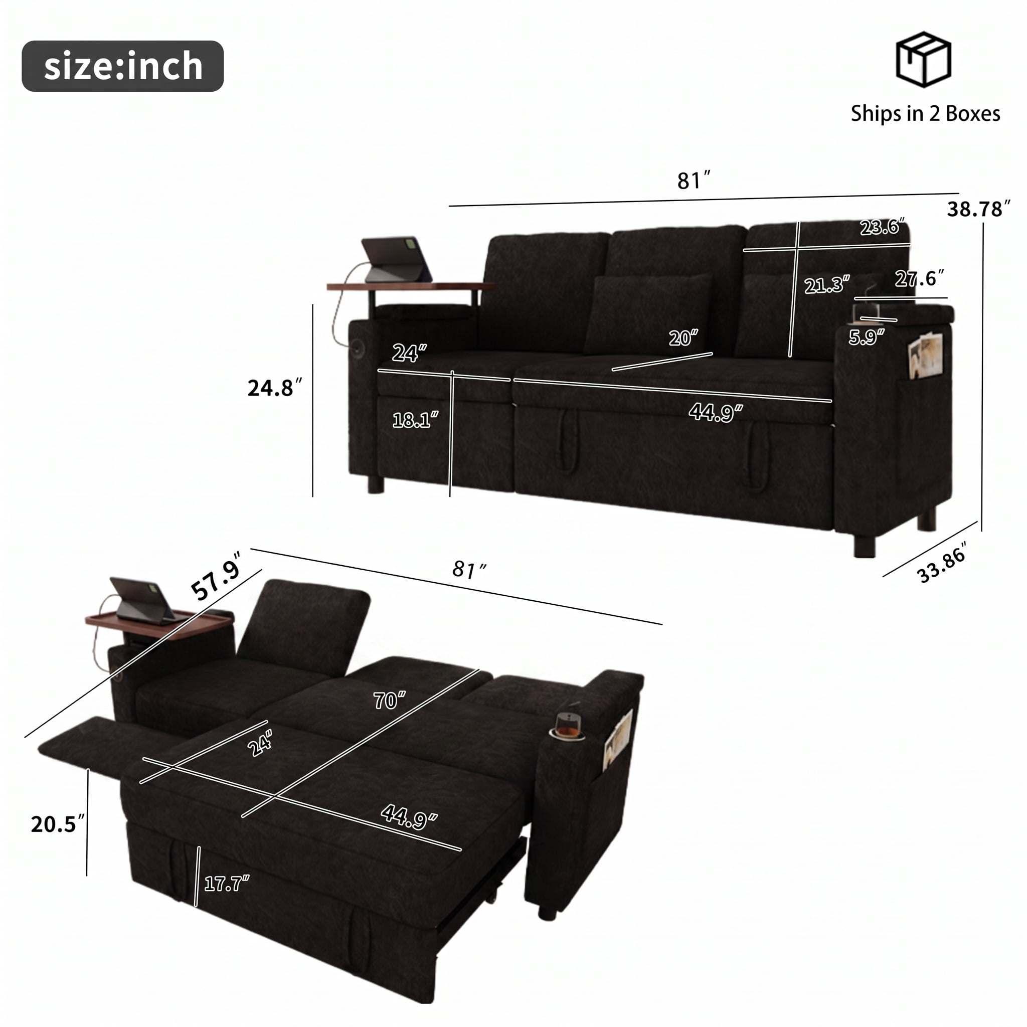 Leumius 3-in-1 Foldable 3 Seater Sofa Bed with Table Board,USB Ports,Armrest Storage,Adjustable Backrest,81inch Multi-Functional Chenille Fabric Sofa Couch for Living Room,Black