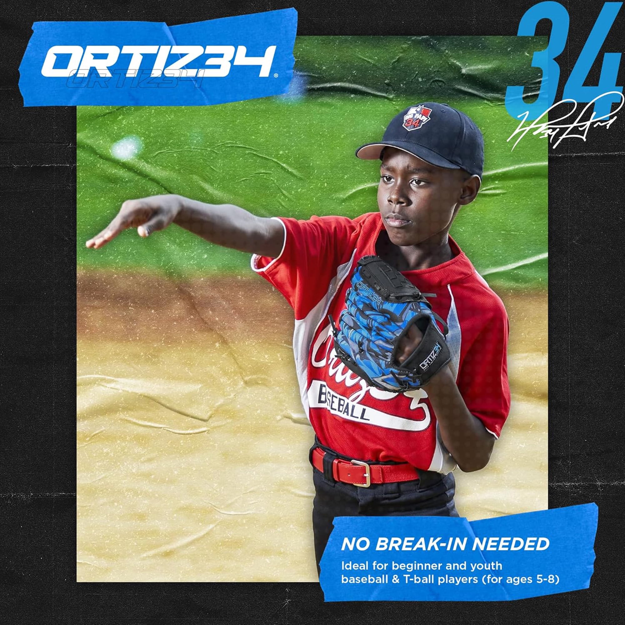 Ortiz34 9" Graffiti Youth T-Ball Baseball Glove, Right Hand Throw, Easy Close, No Break-In, Lightweight, Black/Blue