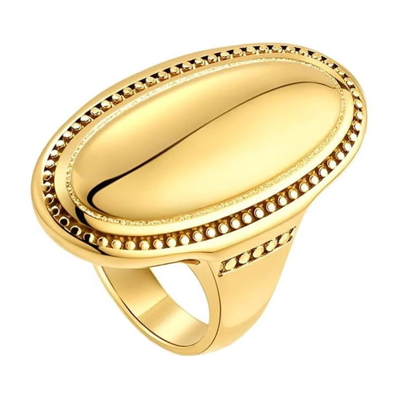 HIJONES Women's Stainless Steel Oval Checker Groove Rugby Ball Groove Dome Signet Ring Wedding Jewellery Gold Size 10
