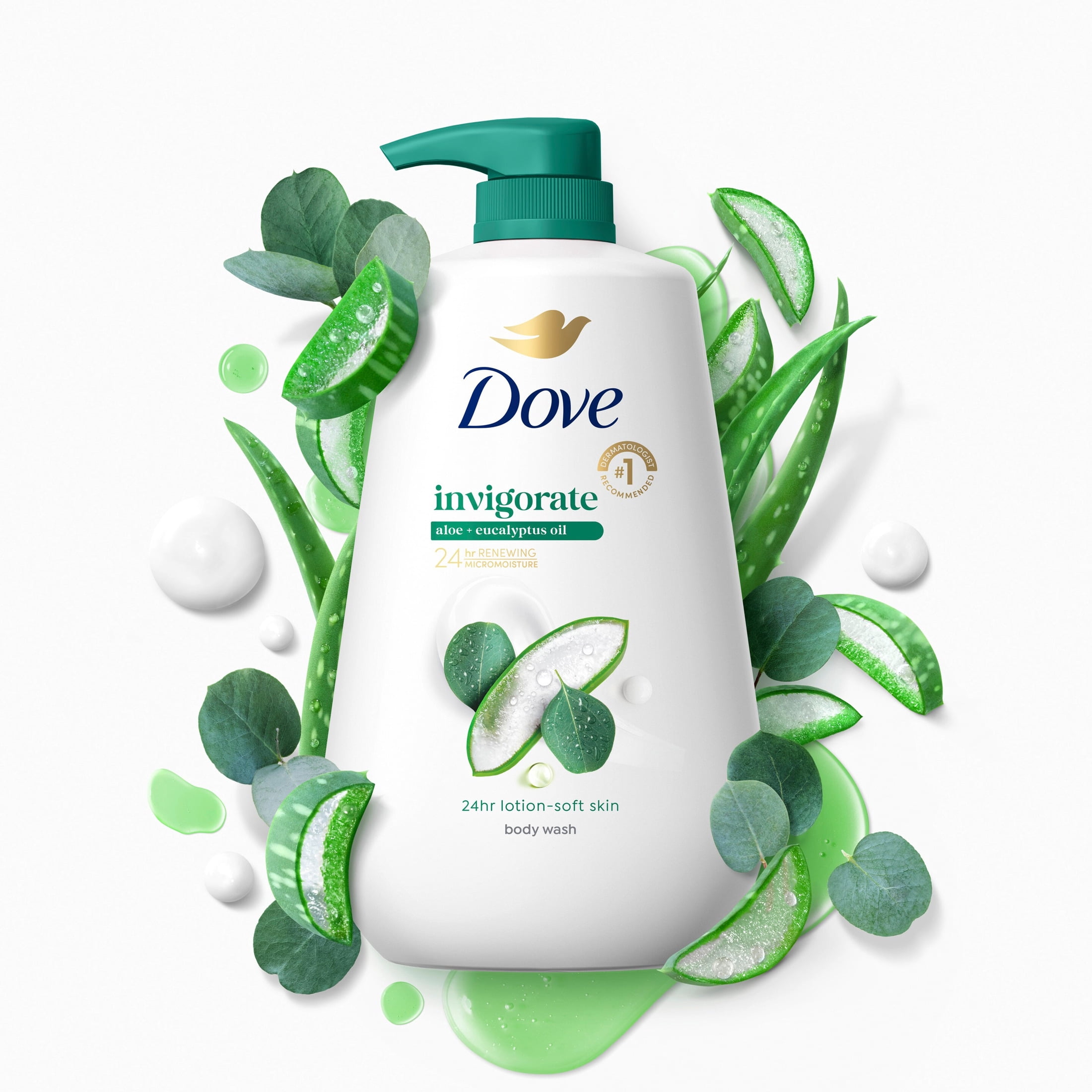 Dove Body Wash with Pump For 24hr Lotion-Soft Skin Invigorate Aloe & Eucalyptus Moisturizing Skin Cleanser with No Sulfates No Parabens ,30.6 fl oz