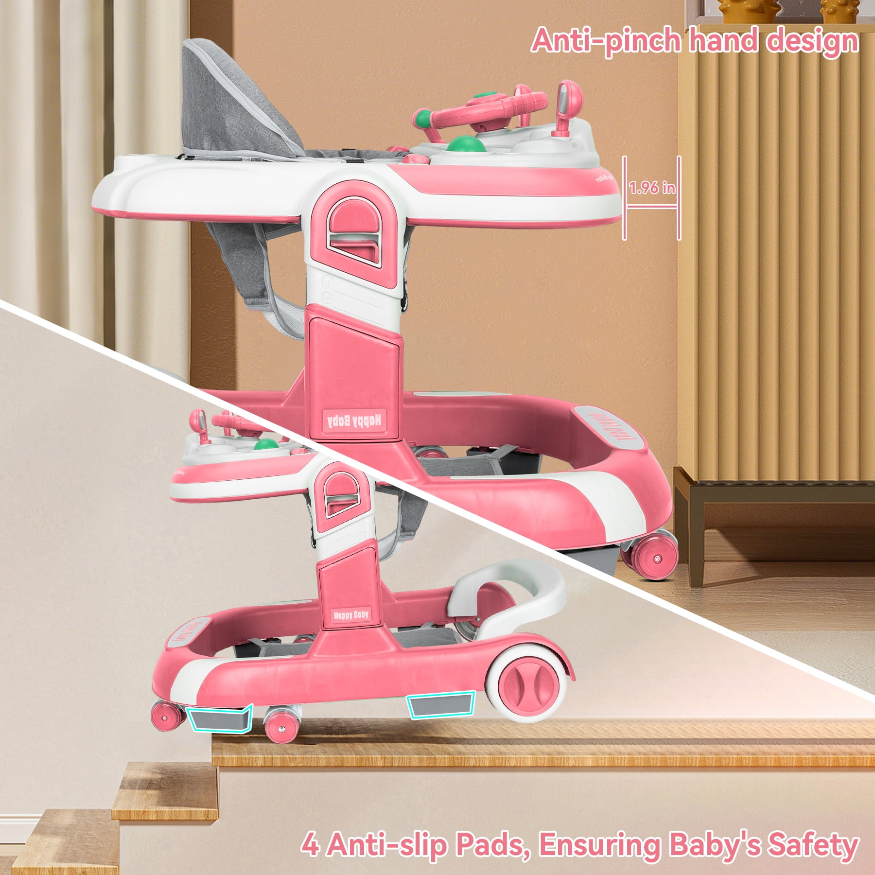 RICHYOUNG 5-in-1 Foldable Baby Walker with Wheels Music,Height-Adjustable Push Walker for Girl(Pink)