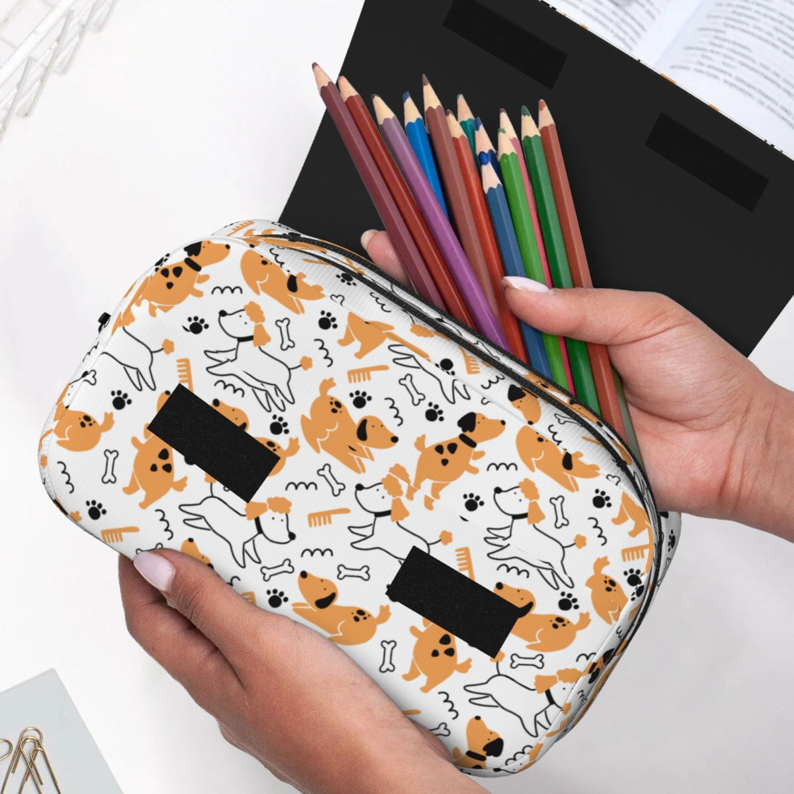 Rateoe Cute Dog Pattern Double Clamshell Pen Case, Storage Organizer with Two Zipper Compartments– Holds Up to 50 Pencils & Pens