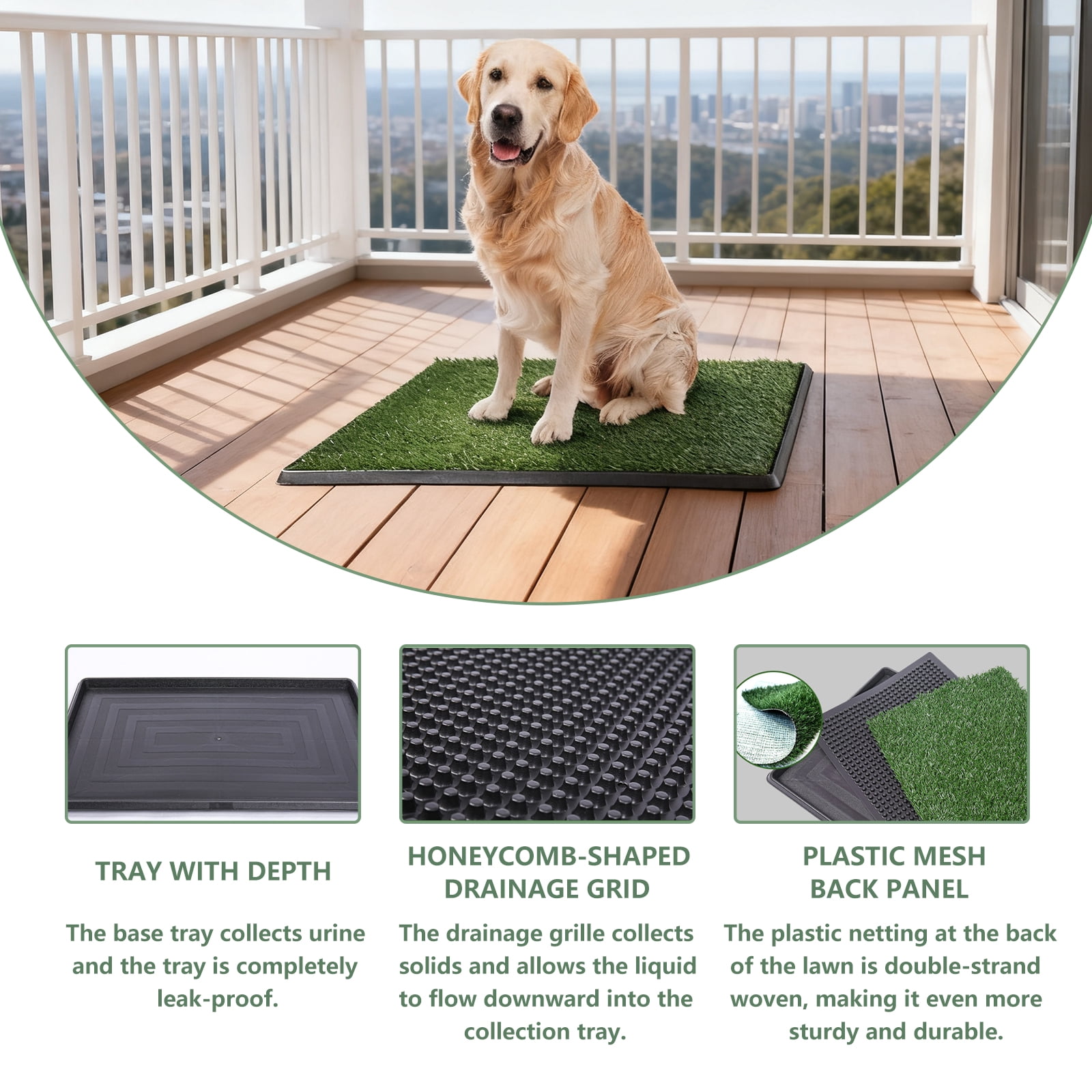 Dog Grass Pee Pad with Tray, 3-Layer Reusable & Washable Potty Training Pad, Artificial Turf for Indoor Outdoor Use, for Small & Medium Dogs (30 x 20 Inch)