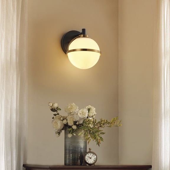 Modern Globe Wall Sconce with Frosted Glass Shade,  Black & Brass Bathroom Vanity Light for Hallway, Bedroom,, Porch (E12 Base,)