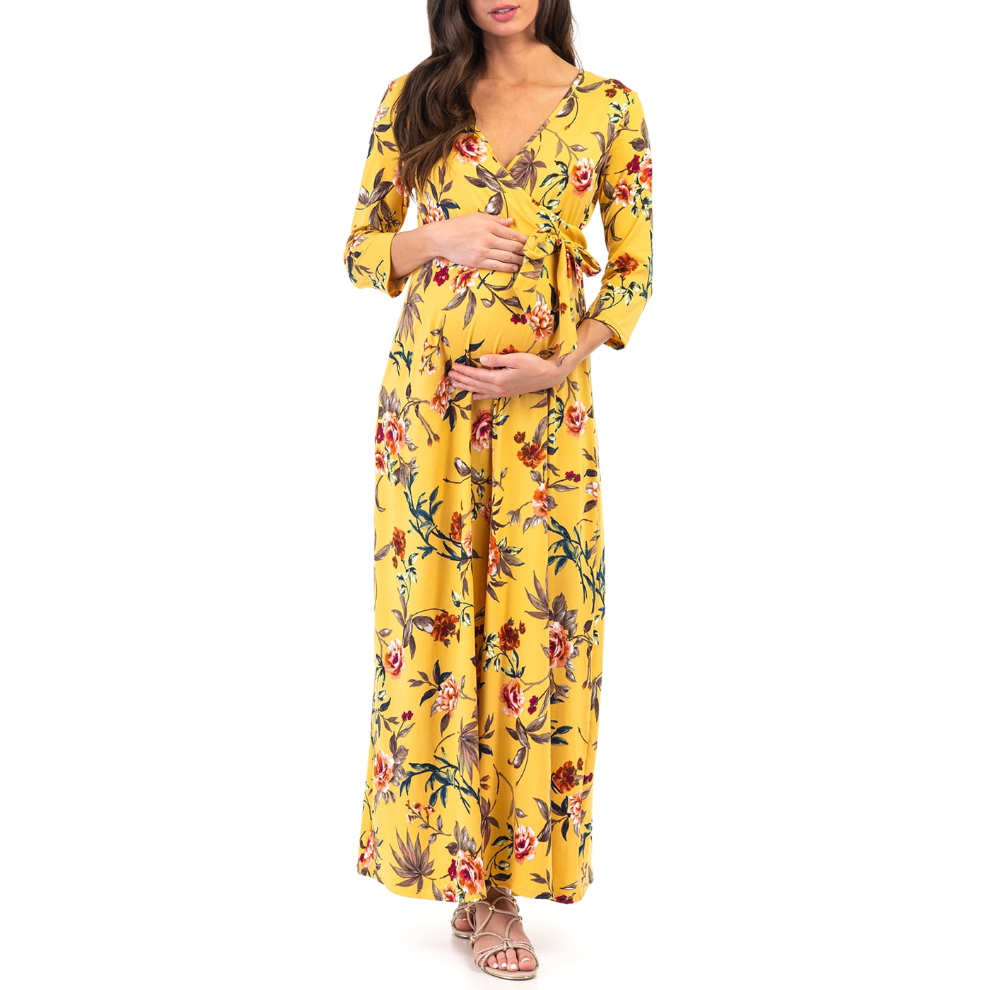 Mother Bee Maternity 3/4 Sleeve Faux Wrap Dress with Adjustable Belt