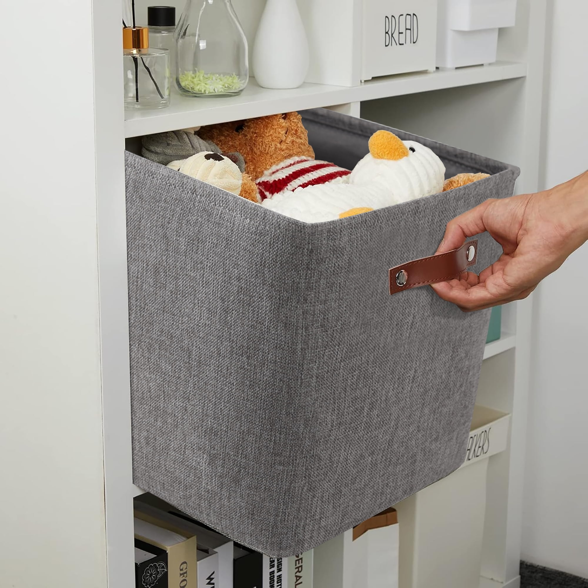 Tegance 13x13 Storage Cubes Baskets 4 Pack Fabric Cube Storage Bins Large Storage Baskets with Leather Handles,Decorative Storage Boxes for Organizing Shelves(Grey)