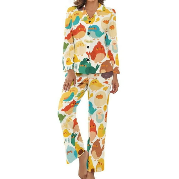 PoBuds Women's Long Sleeve Flannel Pajama Set Sleepwear Cute Bird Cartoon XL