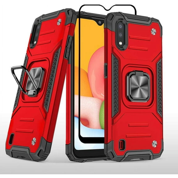 for Samsung Galaxy A01 Phone Case, Galaxy A01 Phone Case with [1 Pack] HD Screen Protector, Military-Grade Shockproof Kickstand Protective Cover for Samsung Galaxy A01 (Red)