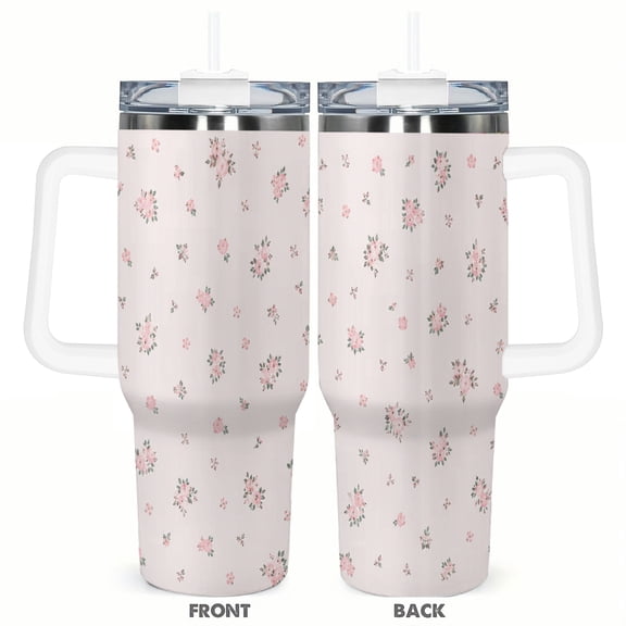 40oz Pink Floral Small Rose Bouquet Vintage Garden Insulated Tumbler with Handle and Straw Travel Cup Car Cup