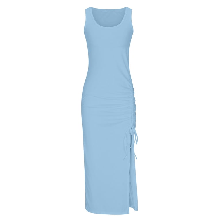 Tank Dresses for Women Ribbed Drawstring Slit Thigh High Maxi Dress  Sleeveless Summer Beach Wear Solid Long Dress (Medium, Light Blue) -  Walmart.com