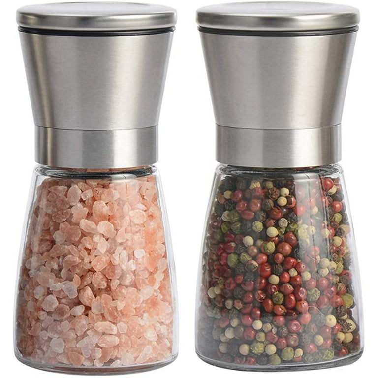Salt & Pepper Grinder Set of 2 - Refillable Mills & Shakers - For Pink  Himalayan & Sea Salt, Black Peppercorn, Spices - Stainless Steel, Large  Glass 