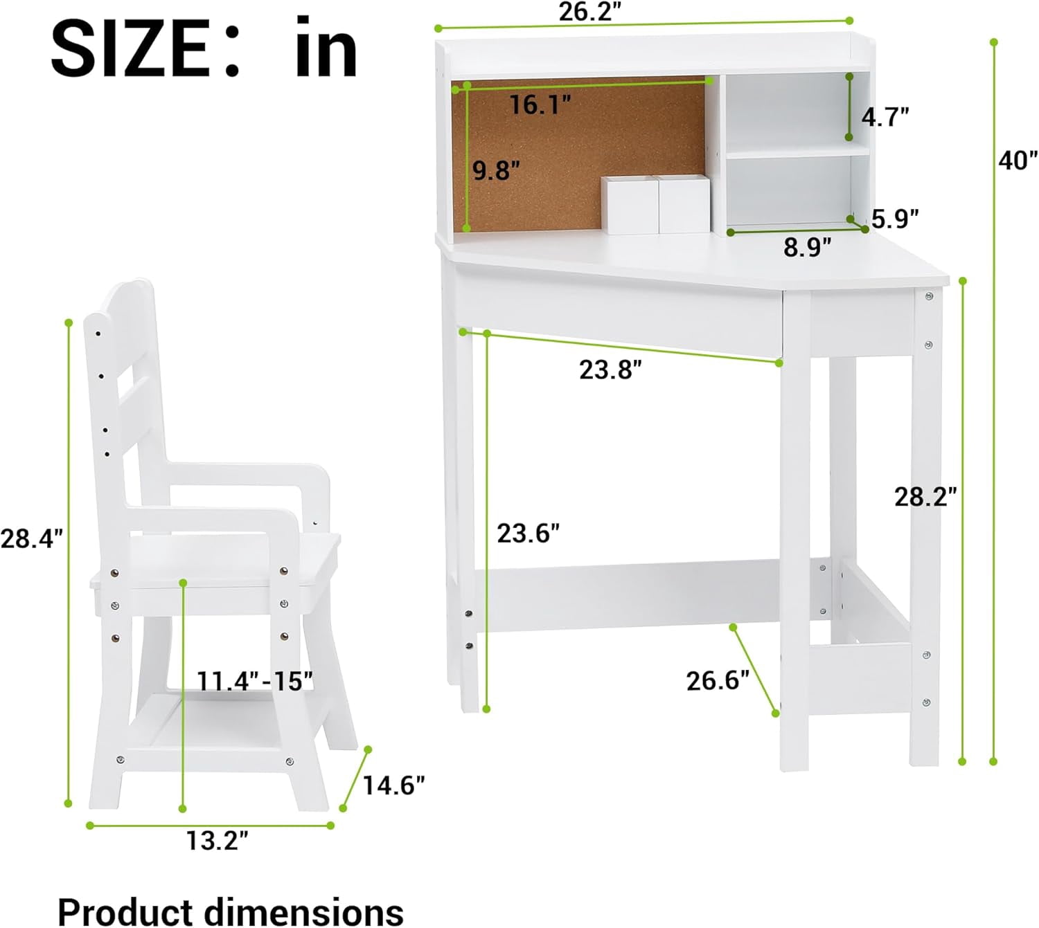 EastVita Kids Study Desk and Chair Set, White Corner Table with Adjustable Chair, Hutch, Cork Bulletic Board, Pen Holders