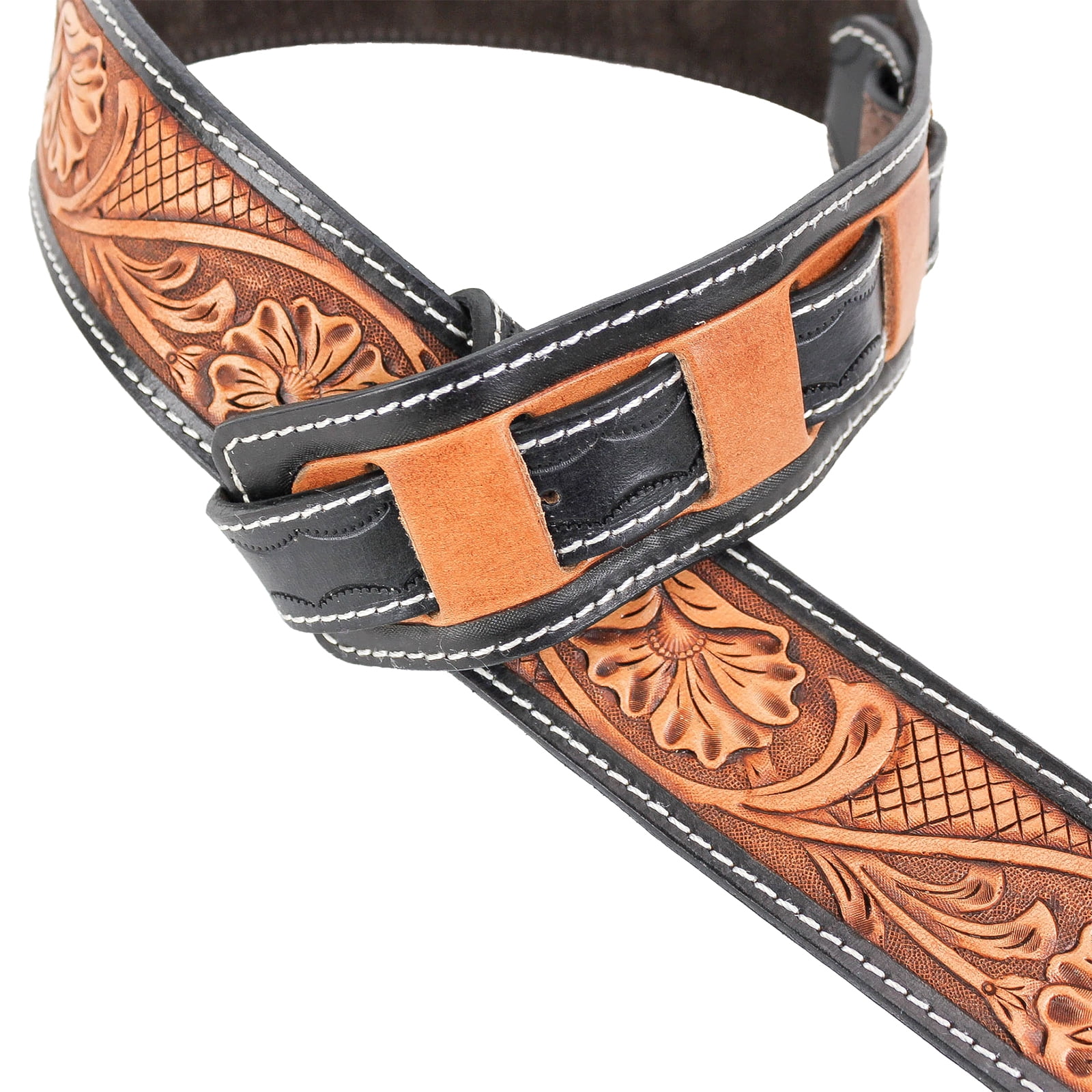 Walker & Williams LC-11 100% Handmade Leather Guitar Strap with Hand Tooled Live Oak Pattern