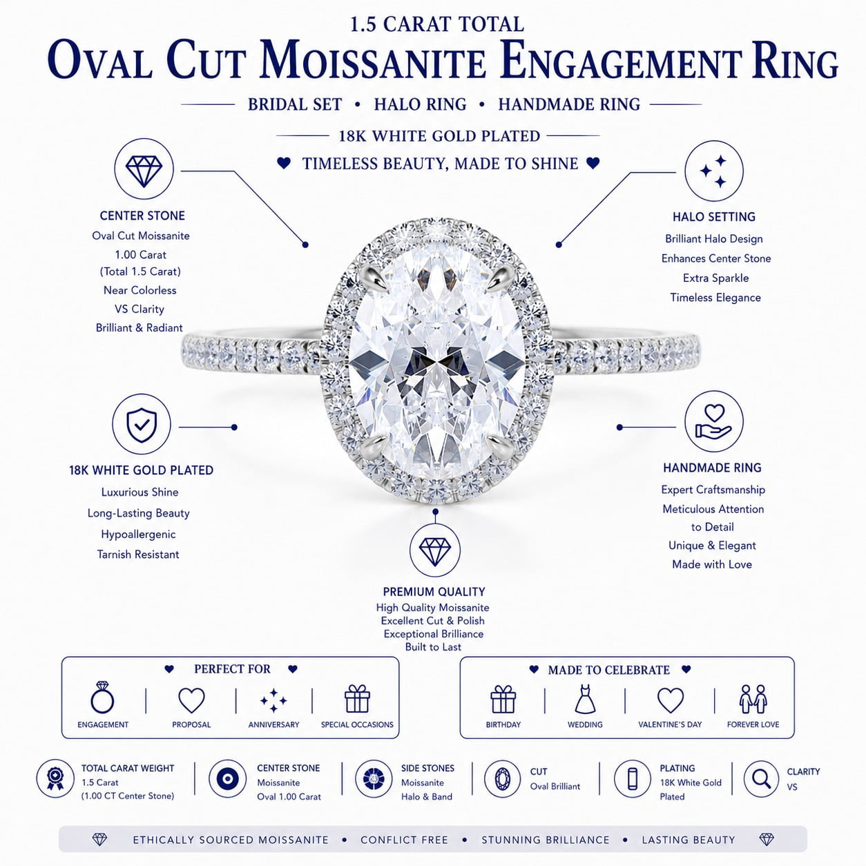 JeenMata 1.5 Carat Oval Cut Moissanite Engagement Ring - Bridal Set - Halo Ring - Handmade Ring - 18k White Gold Plating for Women