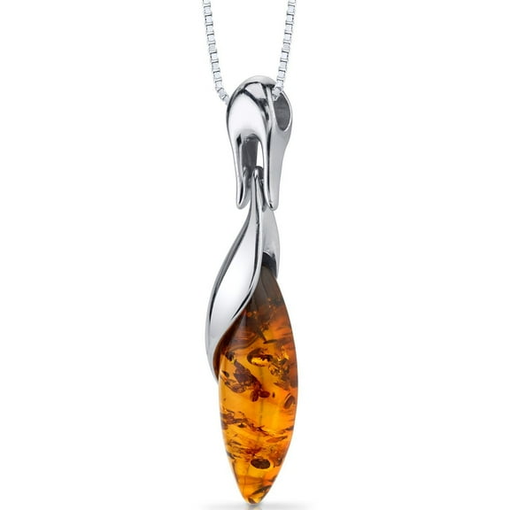 PEORA Genuine Baltic Amber Designer Drop Pendant Necklace for Women 925 Sterling Silver, Rich Cognac Color Marquise Shape, with 18 inch Chain