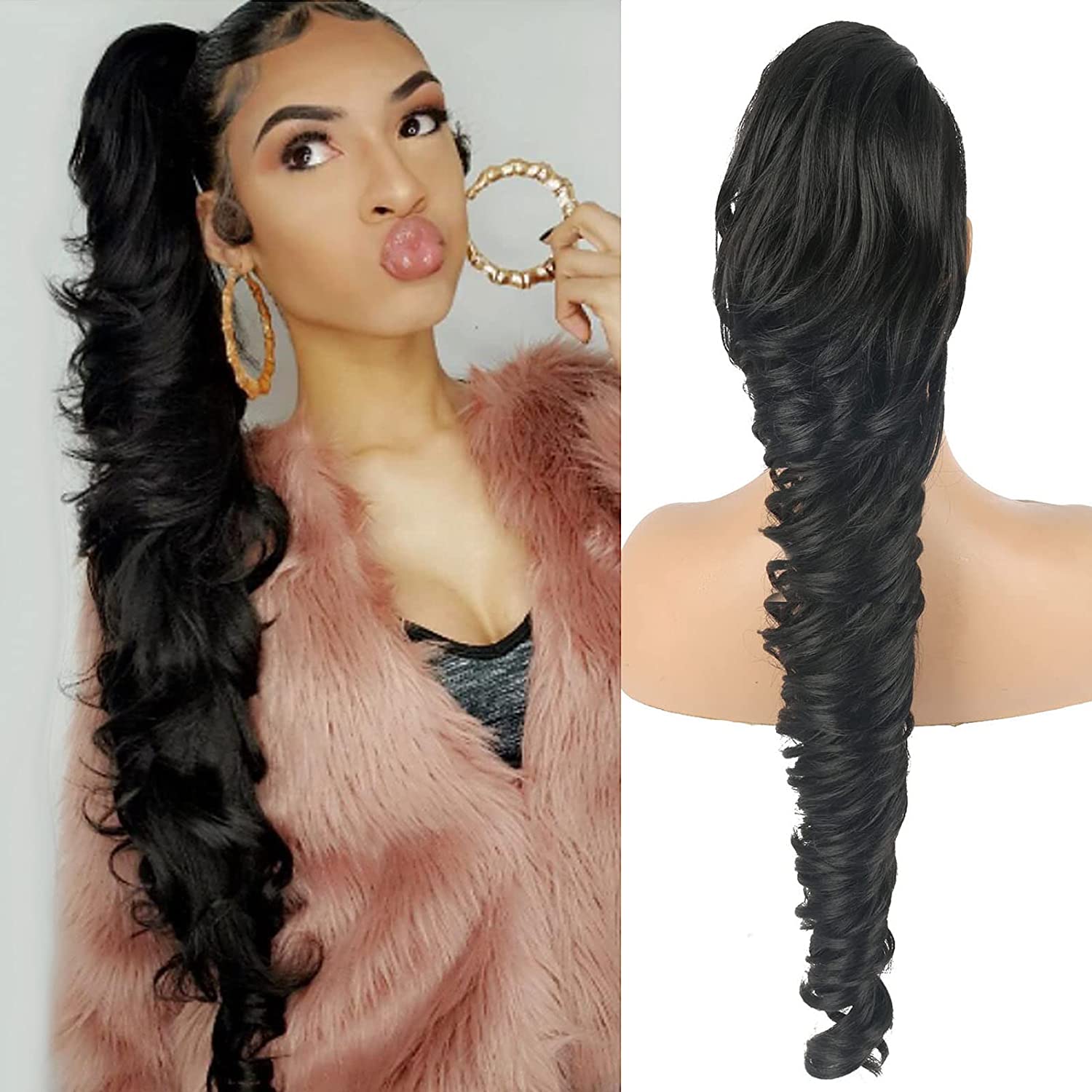 Rallonge Cheveux Synthétique Queue De Cheval Bouclée Noire - Postiche à Fixer Avec Peignes