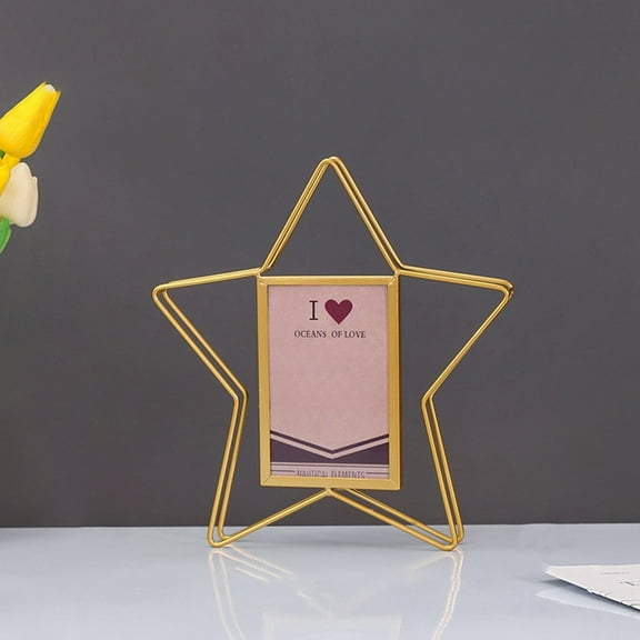 Desktop Photo Frame - Small Gold Metal 5x7 Stand Up Picture Frame in Heart or Star Shape for Tabletop Decor, Memories, Gift