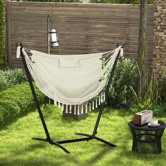 Patio Hammock Chair with Stand, White Steel Outdoor Hanging Swing Lounge Chair with Side Pocket and Headrest for Garden