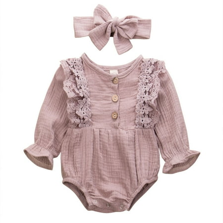 

Douhoow 0-24M Newborn Baby Girls Bodysuits Infant Solid Lace Long Sleeve Ruffles Jumpsuit Headband