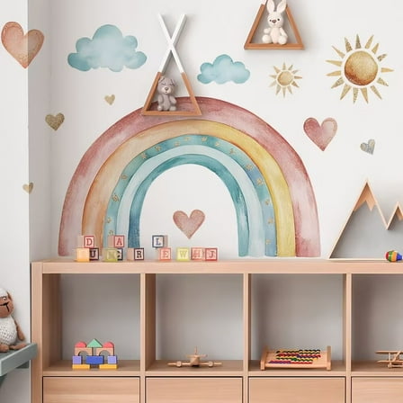 Large Watercolor Rainbow Wall Decals, Boho Sun Clouds Peel and Stick Fabric Nursery Wall Decor, Home Room Wall Decor Murals Stickers for Kids Girls Toddler Bedroom Living Room Playroom