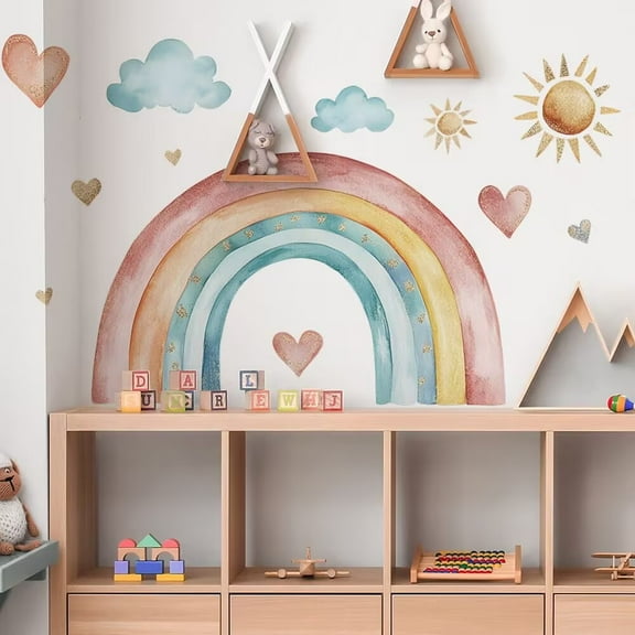 Large Watercolor Rainbow Wall Decals, Boho Sun Clouds Peel and Stick Fabric Nursery Wall Decor, Home Room Wall Decor Murals Stickers for Kids Girls Toddler Bedroom Living Room Playroom