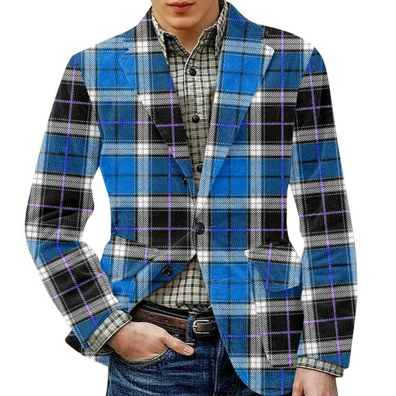 CharmCyan Men's Printed Corduroy Warm Pocket Suit Jacket Cardigan Men's Casual Suit Blue L