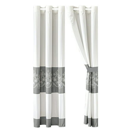 4-Piece Bradshaw Curtain Set Drape Sheer Liner|Royal Floral Damask Scroll Embroidery Stripe|White Gray|Grommet