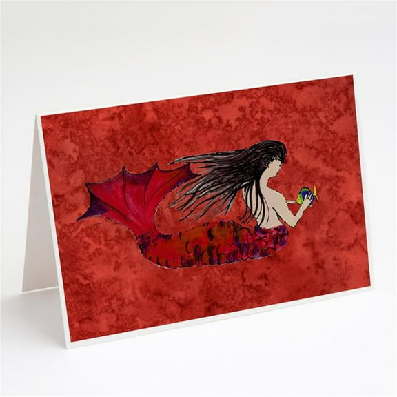 Black Haired Mermaid on Red Greeting Cards & Envelopes - Pack of 8