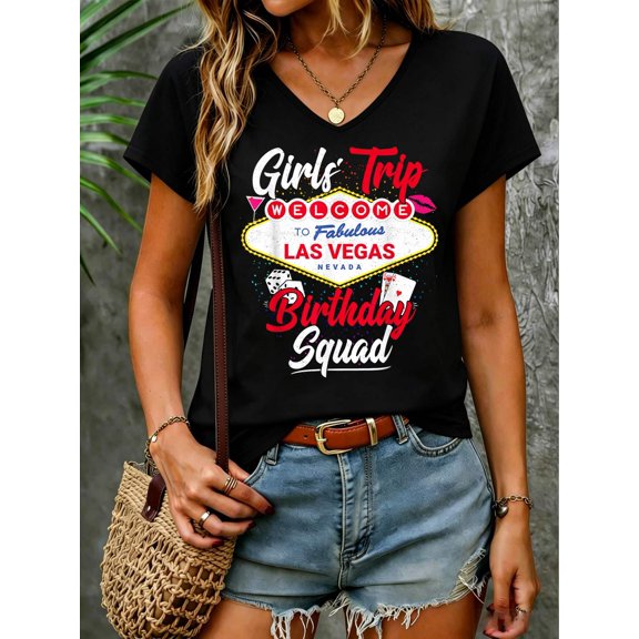 Las Vegas Birthday Squad - Vegas Girls Trip V Neck T-Shirt Cotton Women's V Neck Graphic Tee, Casual Short Sleeve Shirt,Vacation Outfit