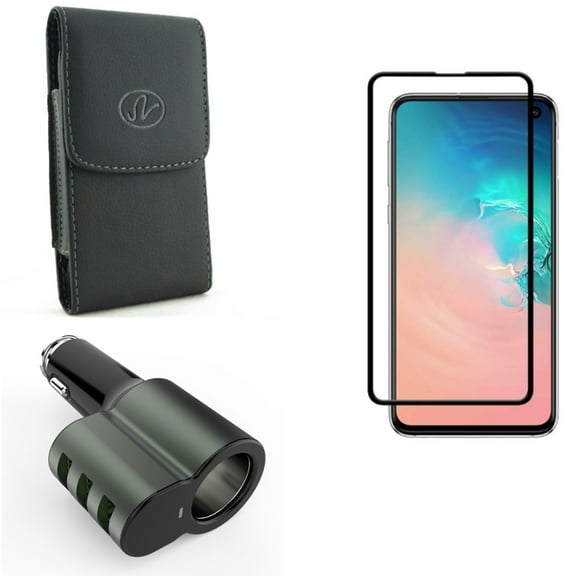 Galaxy S10e Case Belt Clip w Screen Protector w Car Charger - Leather Holster Cover, Tempered Glass 5D Curved Edge, 25W 3-Port USB 5.1Amp for Samsung Galaxy S10e Phone