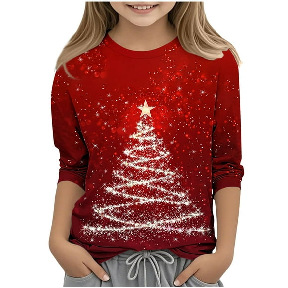 Red Boy Girl 3/4 Sleeve T Shirts for Children Boy Girl Fall Winter Crew Neck Happy Holiday Christmas Brunch Warm Basic Tops Shirts Kid 2025 Clothes Fashion 10 Years
