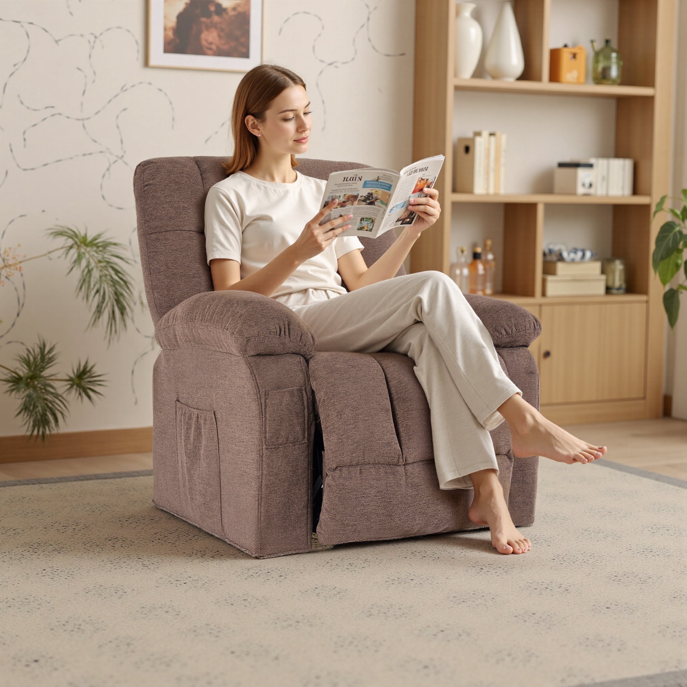 Power Lift Recliner Chair with Vibration Massage and Heat for Elderly, Ergonomic Overstuffed Breathable Fabric Reclining Chair,Brown