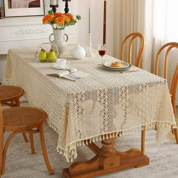 Mantel vintage de punto pastoral con hilo de crochet, mantel con borlas, mantel de encaje artístico para mesa de té, mantel, toalla