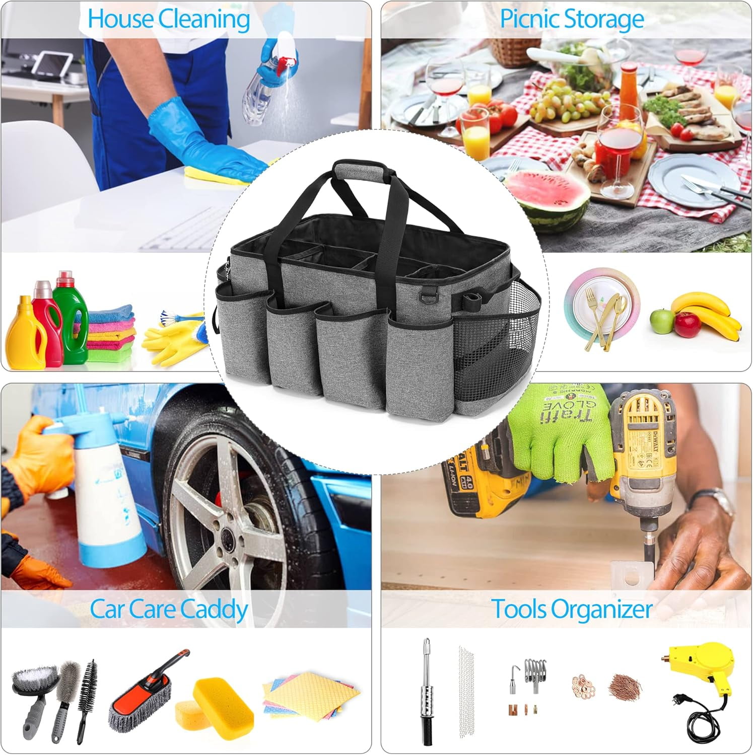 Extra-Large Cleaning Caddy, Cleaning Supplies Organizer with Handles for Cleaning Products Storage, Large Capacity Cleaning Tote Bag for Cleaning Tools for Car, Home & Housekeeping Work, Gray