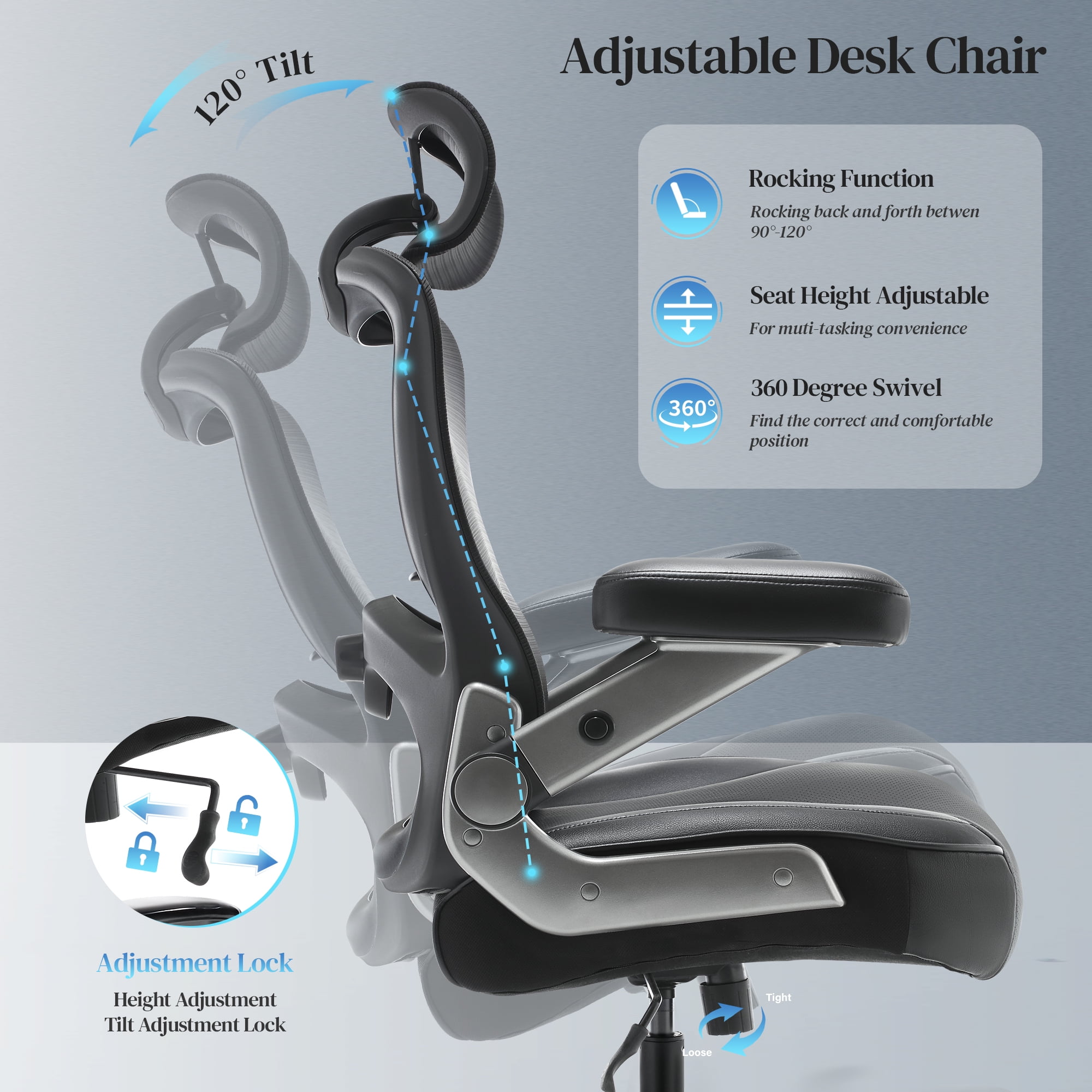 Big and Tall Office Chair 500 lbs, Ergonomic Desk Chair with 3D Flip up Arms, High Back Mesh Executive Computer Chair, Adjustable Headrest Lumbar Support, Black