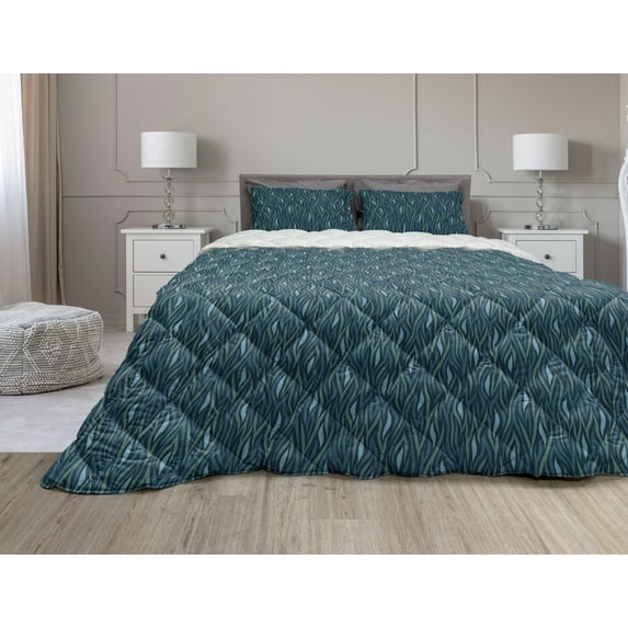Botanical Comforter & Sham Bedding Set, Nature Themed Leaf Branches Waving Growing Forest Woods Foliage, 3 pcs Duvet Set Microfiber Filling Quilt, 5 Sizes, Jade Green Petrol Blue, by Ambesonne
