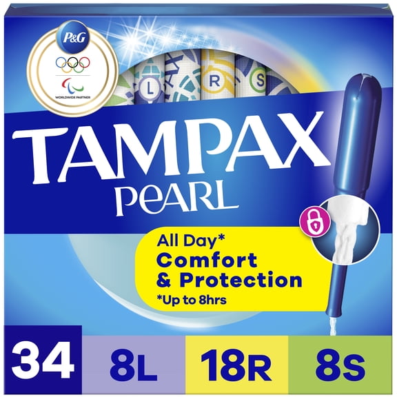 Tampax Pearl Tampons Trio Multipack with LeakGuard Braid, Light/Regular/Super Absorbency, 34 Ct