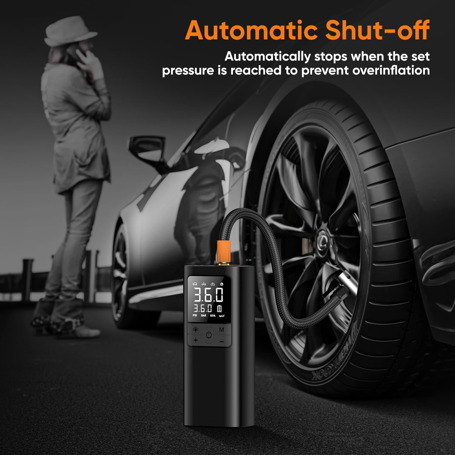Tire Inflator Portable Air Compressor - 150PSI & 10000mAh Cordless Air Pump with Digital Tire Pressure Gauge, Accurate Dual LCD Display & LED Light, Portable Air Pump for Car/Motorcycle/E-Bike