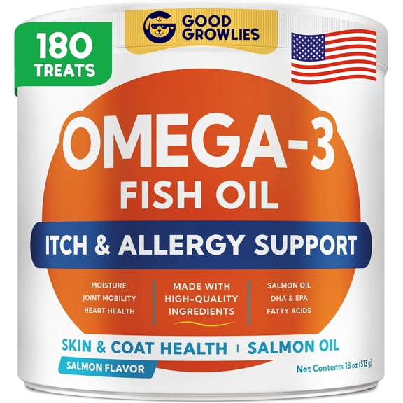 Chews with Salmon Oil for Dogs (180 Ct), Omega 3 & Fish Oil for Dogs - Dog Allergy Relief & Itchy Skin Relief - Hip & Joint Support - Shiny Coats - EPA & DHA Fatty Acids - Promotes Heart, Brain