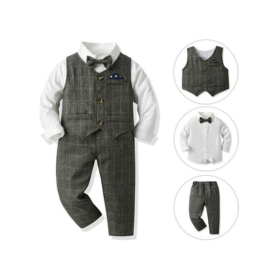 WOYY Infant Boys Dress Suit Long Sleeve Plaid Shirt Tops Pants Vest with Bowtie 4Pcs Sets