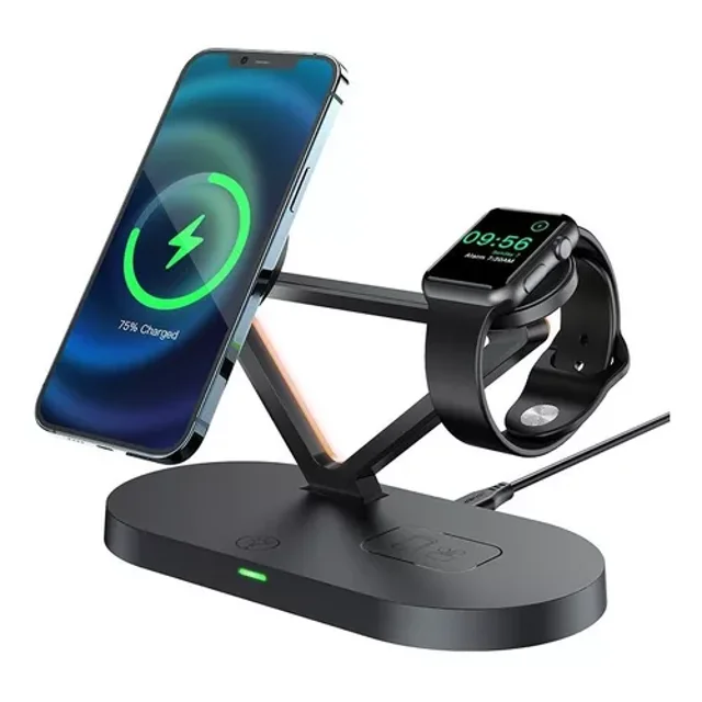 soporte de carga inalámbrico 3 en 1 escritorio para iphone negro, vista 3/4 frontal con iPhone magnético en vertical mostrando 75% cargado, reloj inteligente apoyado en el brazo lateral y base ovalada con puerto USB‑A y luz LED ajustable; material ABS+PC, tamaño 177×87×121 mm, peso 272 g. A menudo se usa también para sostener el teléfono en videollamadas mientras carga.