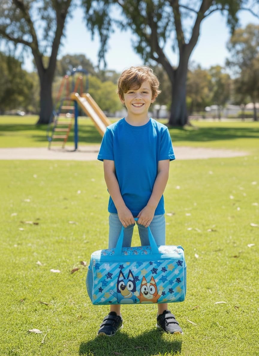 Bluey Kids Duffle Bag  Bluey & Bingo Travel Gym Bag with Adjustable Shoulder Strap, Mesh Side Pockets & Zipper Pocket