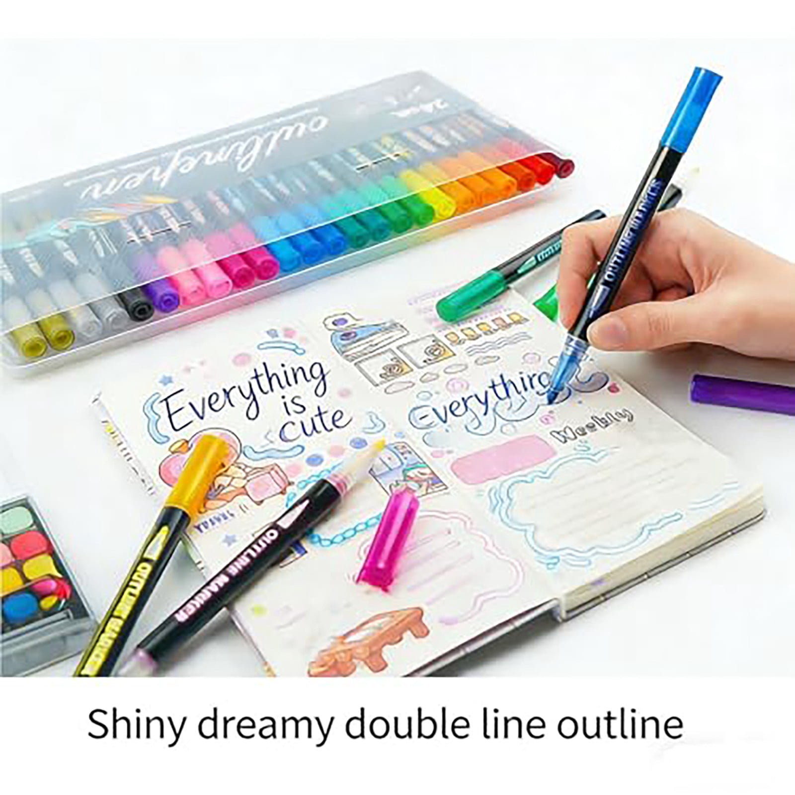 Dual-Line Contour Pen Set with Metallic Outline, Double Line Outline Art Pen, Quick-Dry Ink for Drawing, Coloring & DIY Crafts, 60 Colors, 9.25x5.35"