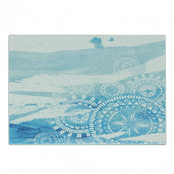 Vintage Blue Cutting Board, Lace Inspired Oriental Design with Watercolor Brush Strokes Pattern, Decorative Tempered Glass Cutting and Serving Board, Small Size, Pale Blue Blue, by Ambesonne