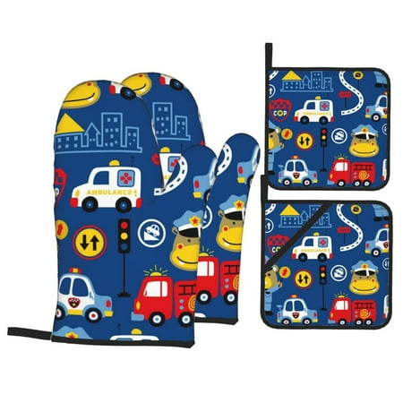 

Oven Mitts and Pot Holders Sets 4 pcs - Animals Rescue Team Heat Resistant Silicone Oven Gloves with Non-Slip Silicone Surface and hot pads for kitchen Baking Cooking BBQ