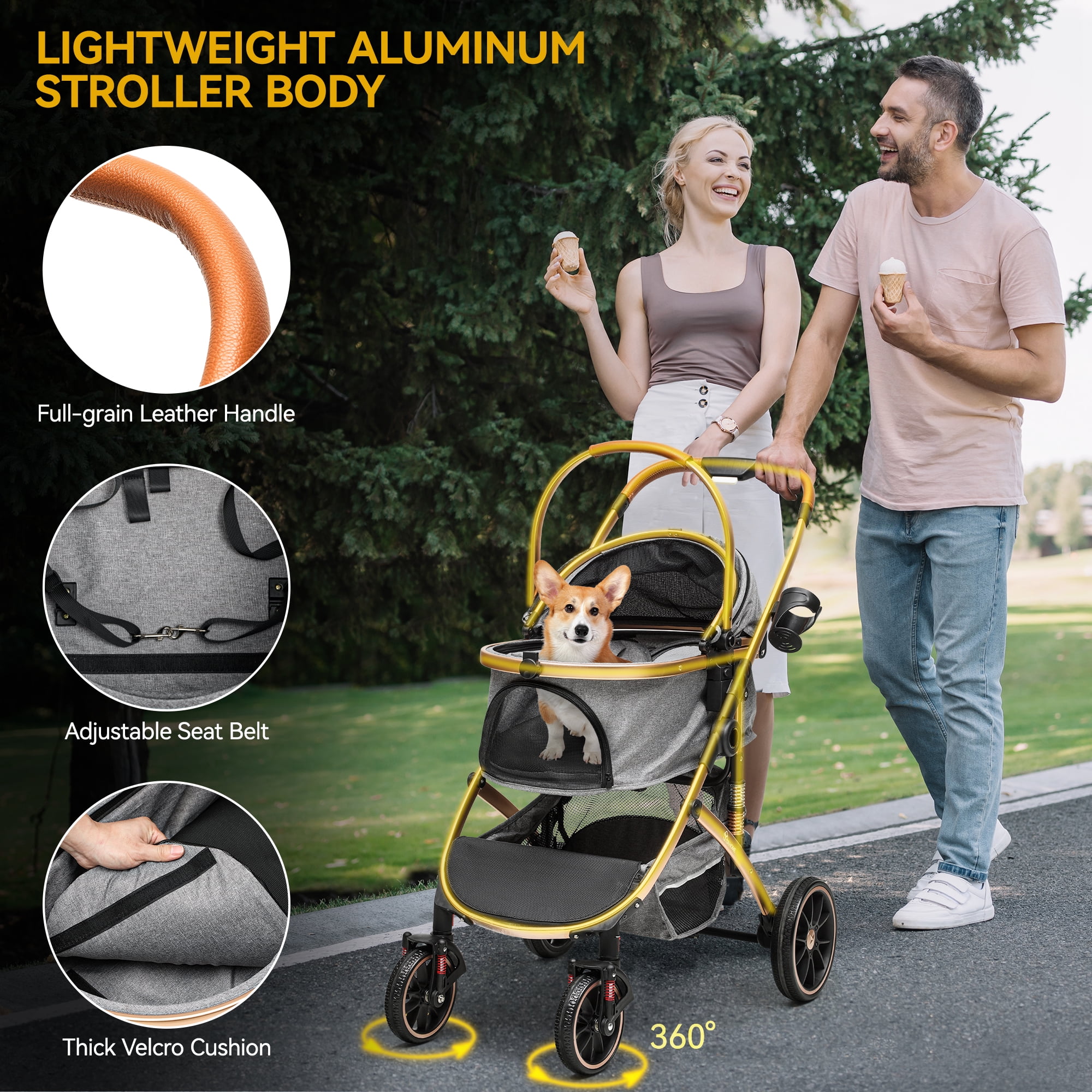 Dextrus 3-in-1 Dog Stroller with Detachable Storage Basket, Foldable Design & 360° Rotating Wheels – Ideal Pet Stroller for Small to Medium Dogs and Cats, Grey