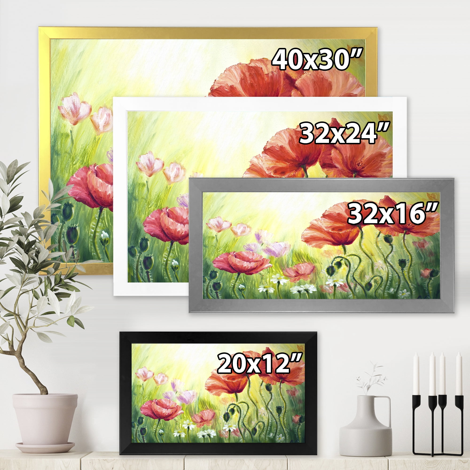Designart 'Blossoming Red and Purple Poppies In The Morning I' Traditional Framed Art Print